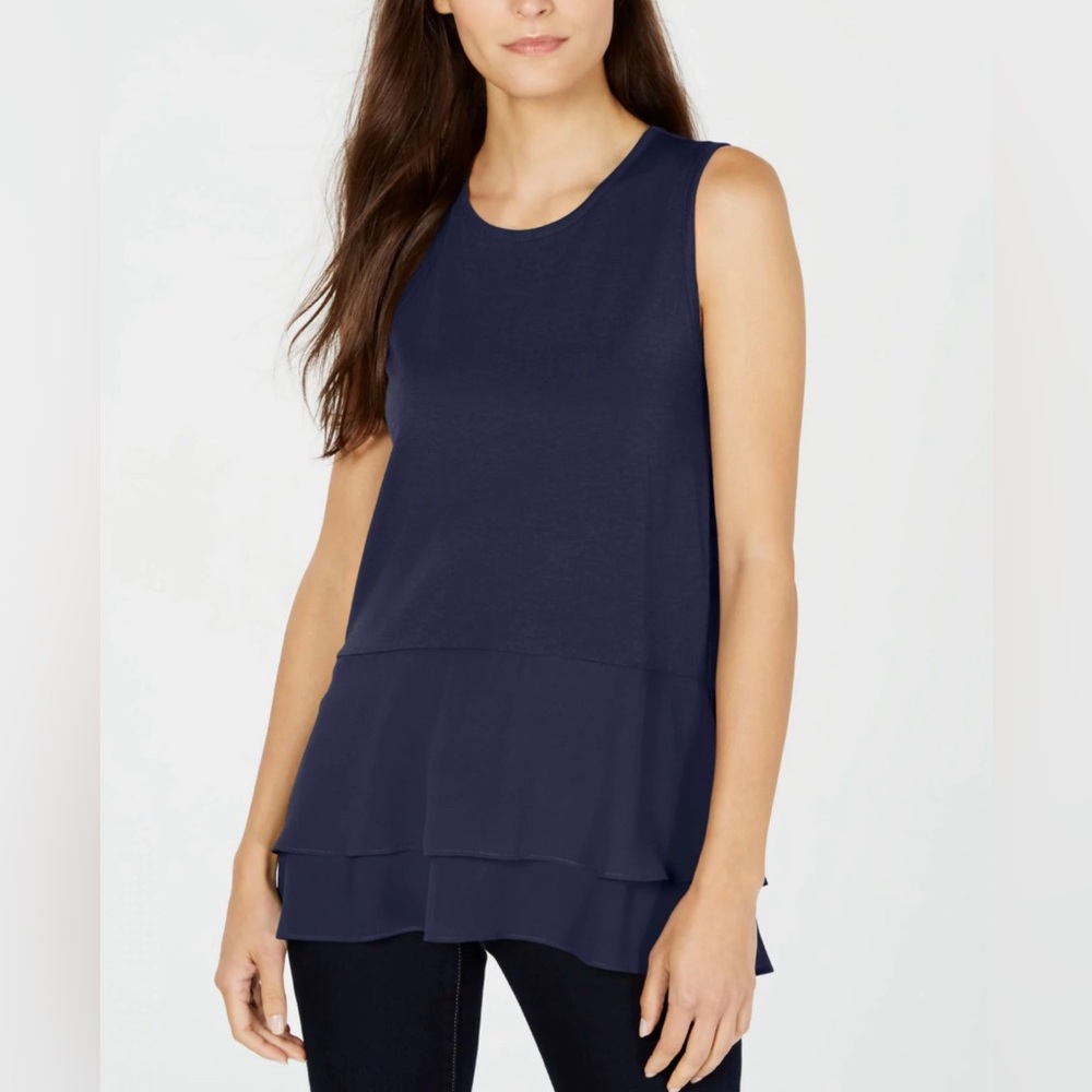 NWOT MICHAEL by MICHAEL KORS Navy Sleeveless Blouse w Sheer Tier Detail